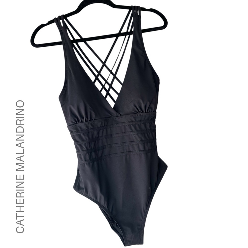 NWT | CATHERINE MALANDRINO BLACK STRAPPY BACK DEEP V-NECK ONE PIECE | LARGE